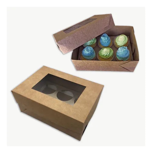 cod: 3497 (50u) CAJAS PARA 6 CUPCAKES KRAFT CON CA Y VISOR - medida: 22.4x15.4x10