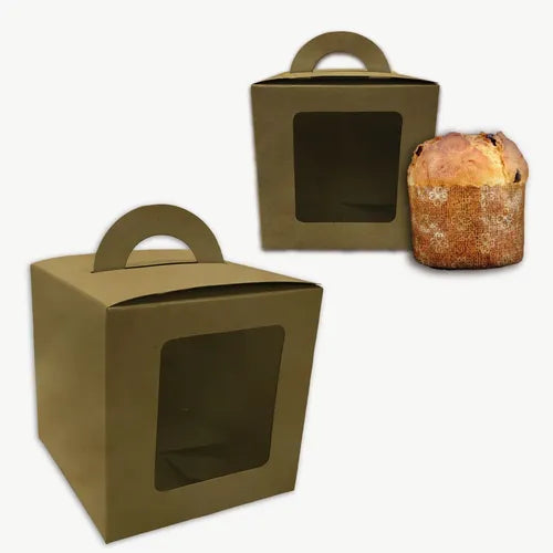cod: 2677 (100u) CAJAS PARA MINI PAN DULCE C/ VISOR Y MANIJA KRAFT - medida: 11.5x11.5x10