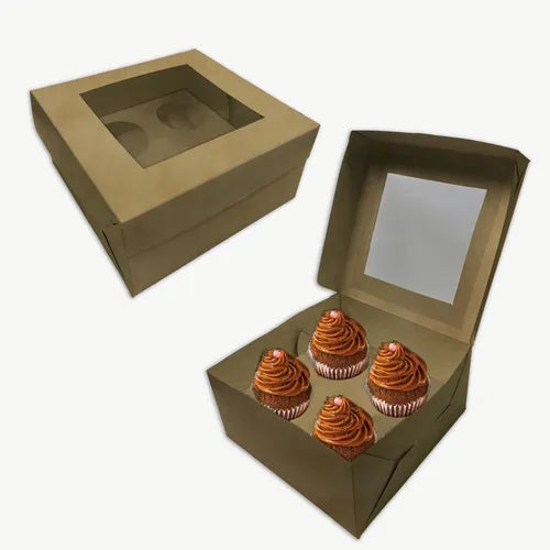cod: 3274 (10u) CAJAS PARA 4 CUPCAKES MUFFINS C/CA Y VISOR KRAFT - medida: 20x20x12