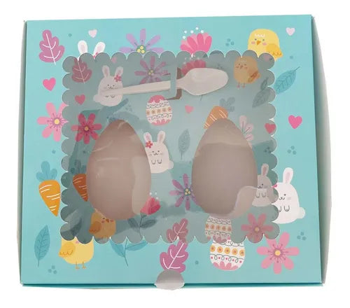cod: 3439 (25u) CAJA PARA DOS MEDIO HUEVO PASCUA CON CUCHARA - IMPRESA - medida: 22x20x10