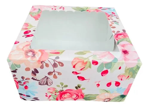 cod: 3069 (10u) CAJAS MINI DESAYO TORTA CHICA ESTAMPADO FLOR C/ VISOR - medida: 19x19x8
