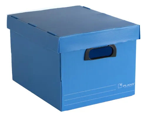cod: 4448 (3u) CAJA ARCHIVO PLASTICO CON TAPA  CALIDAD PLANA  COLOR AZUL - medida: 38x30x26
