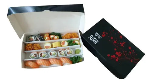 cod: 4053 (50u) CAJA SUSHI CEREZO GRANDE CON DIVISIONES 24-30 PIEZAS, 50 - medida: 29.4x18x5