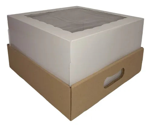 cod: 168 (10u) CAJA 25X25X15 TORTA BLANCO CORRUGADO VISOR Base y Tapa (10U) COD: 168 - medida: 25x25x15